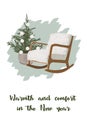 Christmas greeting card. With a cute Christmas tree and a cozy chair in a nice color scheme. Manual design